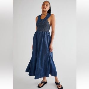 Free People Bambi Girl Midi Dress, Size L, BNWT, Blue Denim